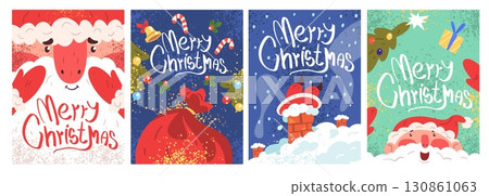 Santa greeting cards. Claus character merry christmas card cute design, xmas new year cartoon mascot gifts bag posters winter holiday party celebration, classy vector illustration Santa greeting cards. Claus character merry christmas card cute design, xmas new year cartoon mascot gifts bag posters winter holiday party celebration, classy vector illustration 130861063