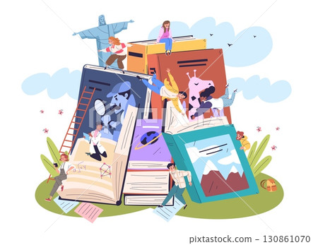 People giant book. Books lovers concept, tiny readers read fiction book or science literature abstract library study textbook education fairytale novels, classy vector illustration People giant book. Books lovers concept, tiny readers read fiction book or science literature abstract library study textbook education fairytale novels, classy vector illustration 130861070