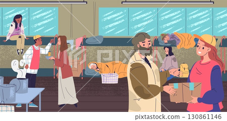 Homeless shelter. Emergency help for poor beggar people, migrant or victim natural disaster, volunteering community service refectory night stay on bunk classy vector illustration 130861146