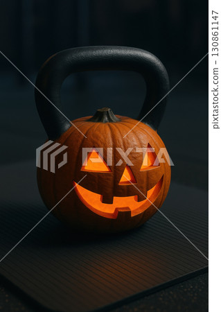 Halloween pumpkin kettlebell with glowing jack o lantern face on dark gym mat, spooky fitness training concept with creative seasonal workout atmosphere Halloween pumpkin kettlebell with glowing jack o lantern face on dark gym mat, spooky fitness training concept with creative seasonal workout atmosphere 130861147