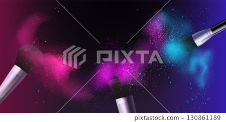 Cosmetic brushes dust. Makeup powder brush ad banner luxury background, artist make up tools for blush eye shadow paintbrush color smoke design, beauty exact vector illustration 130861189