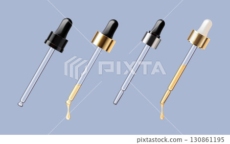 Cosmetic pipette. Realistic dropper pipettes with serum drop, eyedropper medical liquid chemical test beauty oil perfume essence shampoo skincare tube, exact vector illustration Cosmetic pipette. Realistic dropper pipettes with serum drop, eyedropper medical liquid chemical test beauty oil perfume essence shampoo skincare tube, exact vector illustration 130861195