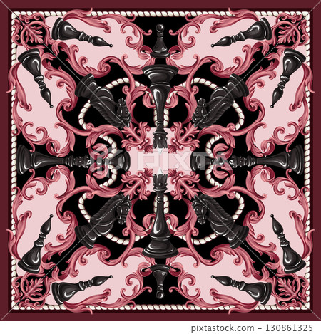 Luxury chess barocco scarf design with black pieces and blue ornamental floral elements Luxury chess barocco scarf design with black pieces and blue ornamental floral elements 130861325