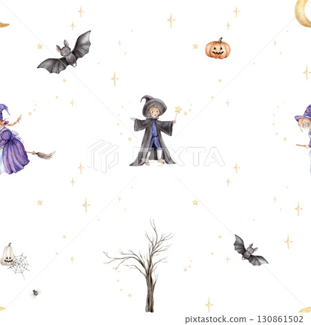 Seamless pattern Trick or treat for Halloween. Repeat background with wizard, fairy or witch on broomstick, tree without leaves and pumpkin. Hand drawn fantasy illustrations for kid's for repeat print 130861502