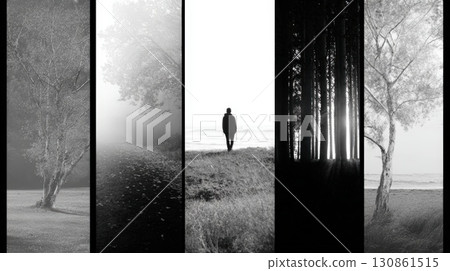 Monochromatic Collage Depicting Nature Scenes and Solitary Figure in Serene Landscapes Monochromatic Collage Depicting Nature Scenes and Solitary Figure in Serene Landscapes 130861515