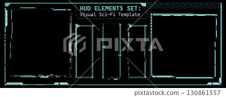 A collection of futuristic HUD elements displayed on a dark background, showcasing digital interface designs ready for use in virtual environments, games, or tech projects. 130861557