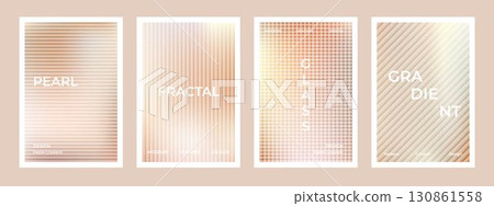Pearl cream gradient stripes with ribbed fractal glass effect background set. Simple beige silk soft poster. Modern dynamic design for wall art, flyers, brochures, covers and web banners 130861558