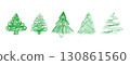 Cute Xmas tree vector set. Wax crayon and charcoal doodles, childlike scribble pines and spruces. Vector clipart of coniferous trees isolated on white background 130861560