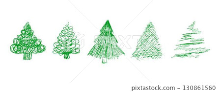 Cute Xmas tree vector set. Wax crayon and charcoal doodles, childlike scribble pines and spruces. Vector clipart of coniferous trees isolated on white background Cute Xmas tree vector set. Wax crayon and charcoal doodles, childlike scribble pines and spruces. Vector clipart of coniferous trees isolated on white background 130861560