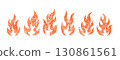 Collection of doodle fire flames. Crayon, chalk and pastel hand drawn sketch set with grunge textured burning icons. Yellow vector illustration isolated on white background 130861561