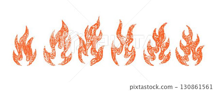 Collection of doodle fire flames. Crayon, chalk and pastel hand drawn sketch set with grunge textured burning icons. Yellow vector illustration isolated on white background Collection of doodle fire flames. Crayon, chalk and pastel hand drawn sketch set with grunge textured burning icons. Yellow vector illustration isolated on white background 130861561