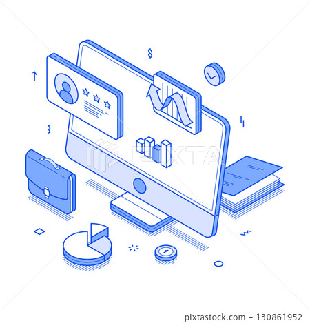 Online business computer workflow commercial analyzing monochrome isometric vector 130861952