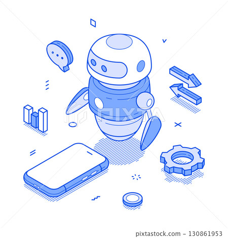 Artificial intelligence chatbot assistance smartphone application isometric vector illustration 130861953