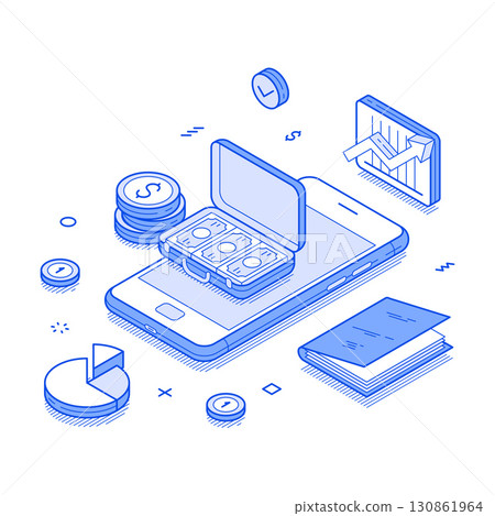 Financial planning budget balance analyzing smartphone application isometric vector illustration 130861964