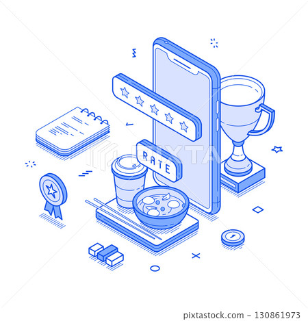 Food delivery review rating service customer rate smartphone application isometric vector Food delivery review rating service customer rate smartphone application isometric vector 130861973