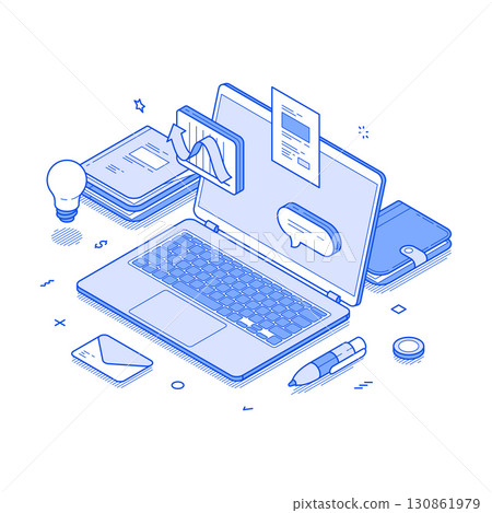 Remotely work home office laptop making money via internet isometric vector illustration 130861979