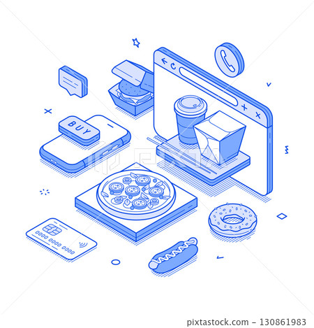 Food order delivery internet shop web site browser isometric vector illustration 130861983