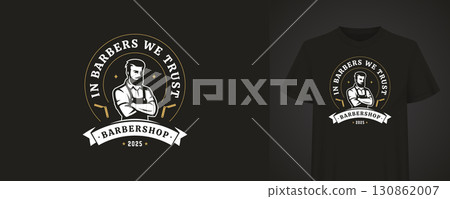 Elegant Barbershop T-shirt with Confident Gentleman and Slogan Elegant Barbershop T-shirt with Confident Gentleman and Slogan 130862007