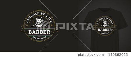 Elegant Barber Logo with Beard Man and Retro Typography on Black T-shirt 130862023
