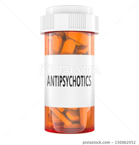 Antipsychotics medicine bottle, orange prescription pills. 3D rendering Antipsychotics medicine bottle, orange prescription pills. 3D rendering 130862052