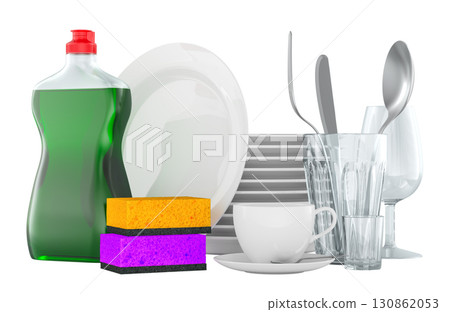 Detergent bottle, sponges, stacked plates, cup, cutlery and glassware, concept for cleaning and kitchen hygiene. 3D rendering 130862053