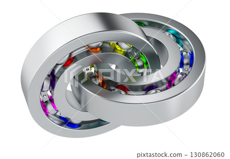 Interlocked ball bearings with colorful spheres. Abstract technical logotype. 3D rendering 130862060