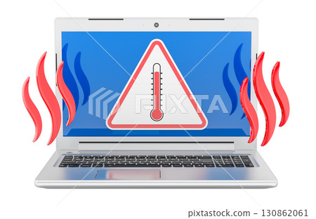 Overheating laptop warning, hot temperature alert. 3D rendering 130862061