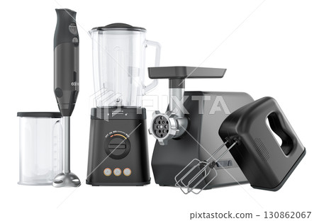 Set of modern kitchen appliances. Blender, hand mixer, meat grinder and immersion blender. 3D rendering 130862067