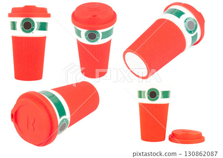Red Coffee Mug on White Background Minimalist Product Photo 130862087