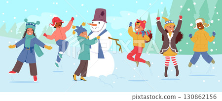 Happy overjoyed children wearing cute winter hats and warm clothes enjoying outdoor activities 130862156