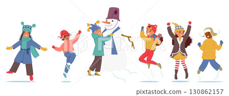 Happy children wearing cute winter hats playing outdoors enjoying outdoor winter games and fun 130862157