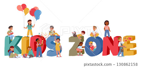 Colorful kids zone huge letters with cute children enjoying different gaming and learning activities 130862158