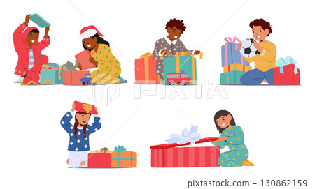 Happy children surprised and satisfied with good present on Christmas holiday or birthday party 130862159