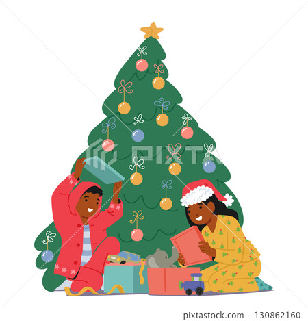 Happy children unwrapping present box prepared for Christmas celebration while sitting by Xmas tree 130862160
