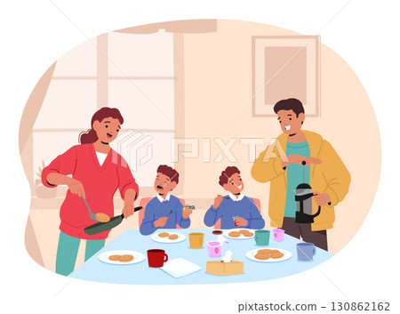 Family morning routine cartoon scene with parents caring for children cooking breakfast and drinks Family morning routine cartoon scene with parents caring for children cooking breakfast and drinks 130862162