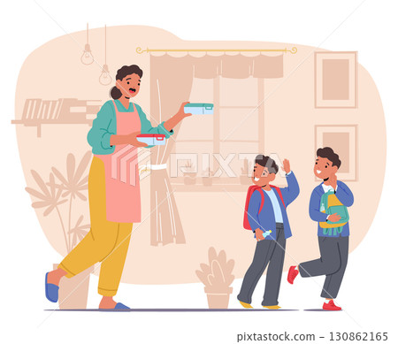 Family morning daily activities cartoon scene with happy mother taking to school her beloved sons 130862165