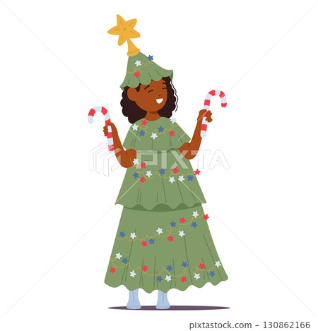 Happy smiling girl child cartoon character in decorated winter holiday fir tree Christmas costume 130862166