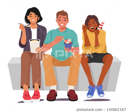 Happy teenage students smiling and laughing while eating ice-cream sweet treats of different flavor Happy teenage students smiling and laughing while eating ice-cream sweet treats of different flavor 130862167
