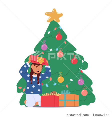 Surprised girl child cartoon character opening Christmas gifts feeling enjoyment and satisfaction 130862168