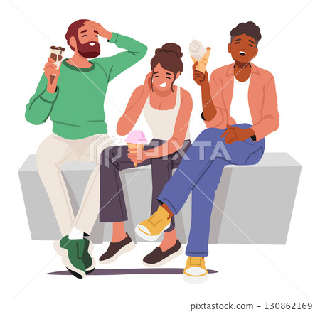 Overjoyed friends eating ice-cream enjoying nice conversation laughing from jokes isolated on white Overjoyed friends eating ice-cream enjoying nice conversation laughing from jokes isolated on white 130862169