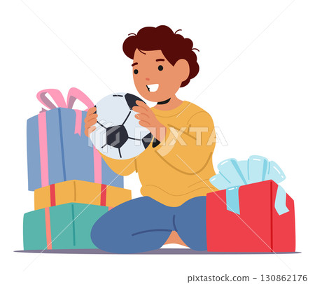 Happy boy cartoon character receiving soccer ball as gift on Christmas morning isolated on white 130862176