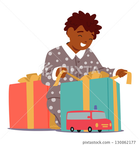 Happy little boy child cartoon character opening gifts wrapped boxes isolated on white background Happy little boy child cartoon character opening gifts wrapped boxes isolated on white background 130862177