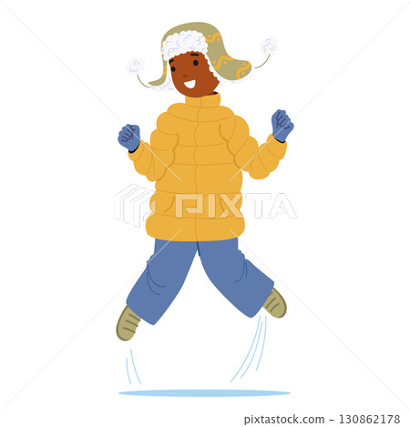Joyful funny boy child cartoon character dressed in winter apparel warm clothing and cute hat Joyful funny boy child cartoon character dressed in winter apparel warm clothing and cute hat 130862178