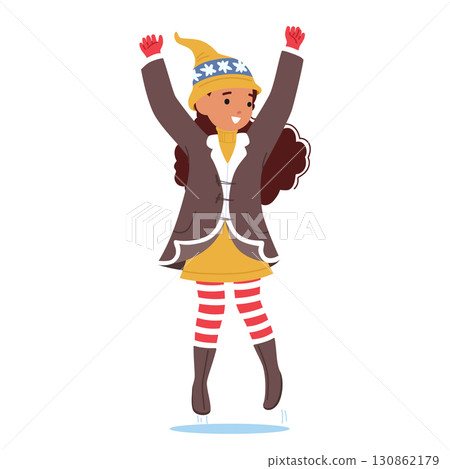Happy little girl cartoon character wearing cute winter hat rejoicing holidays isolated on white Happy little girl cartoon character wearing cute winter hat rejoicing holidays isolated on white 130862179