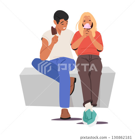 Cute loving couple of girlfriend and boyfriend tasting ice-cream together enjoying dating time 130862181