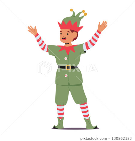 Happy cute boy child cartoon character wearing elf Christmas costume performing isolated on white Happy cute boy child cartoon character wearing elf Christmas costume performing isolated on white 130862183