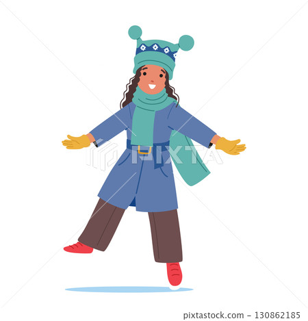 Happy girl kid cartoon character wearing cute winter hat and trendy fashion clothes jumping up 130862185