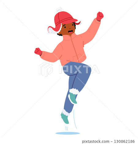Funny boy child cartoon character wearing winter clothes and warm red hat jumping up in air Funny boy child cartoon character wearing winter clothes and warm red hat jumping up in air 130862186