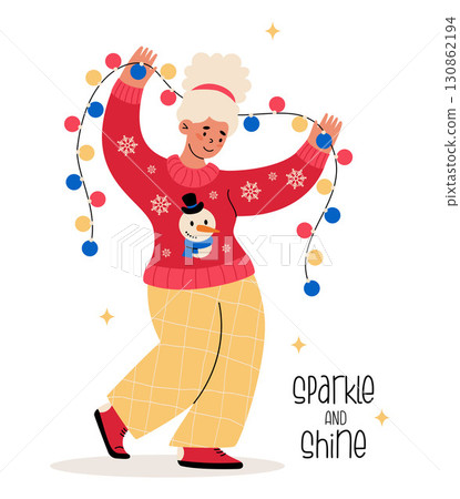 Christmas Dancing woman in ugly snowman sweater holding Festive garland. New, Year Girl spreading holiday cheer with sparkle and shine message. Vector Illustration. Not AI 130862194