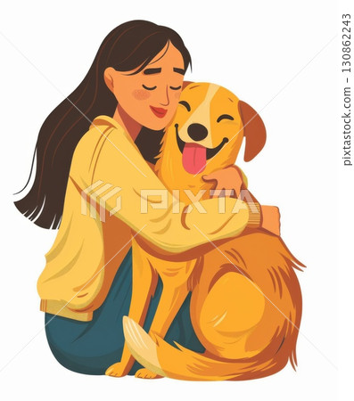 In this watercolor design, a girl smiles as she hugs her brown dog, their connection filled with warmth and affection. 130862243